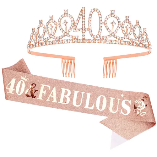 Casoty Juego de diadema y tiara de 40 y fabuloso, oro rosa, para decoraciones de cumpleaños de 40 años, regalos para mujeres, decoraciones de fiesta