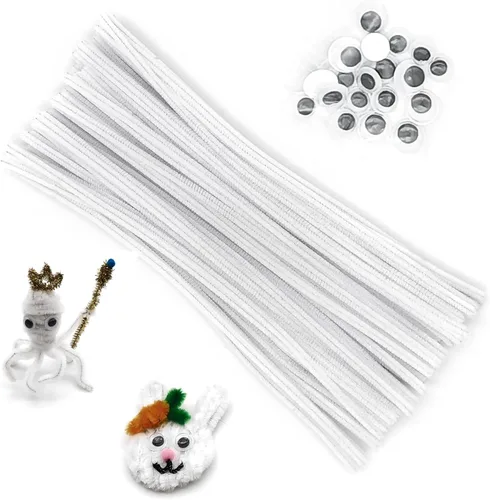 Cldamecy 100 limpiadores de tuberías blancos con 20 ojos salteados, tallos de felpilla para proyectos de manualidades, limpiadores de tuberías para