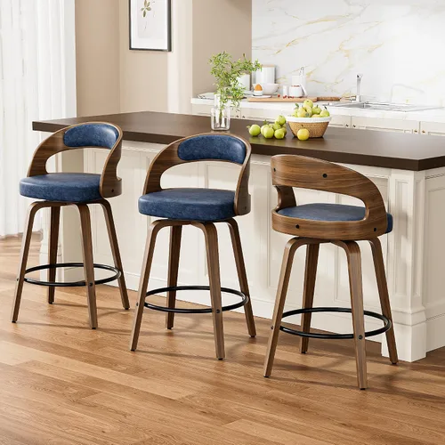 Miniatura 17 de YaFiti Taburetes de bar, taburetes de bar de 26 pulgadas de altura de mostrador con patas de madera curvada, taburetes giratorios con respaldo