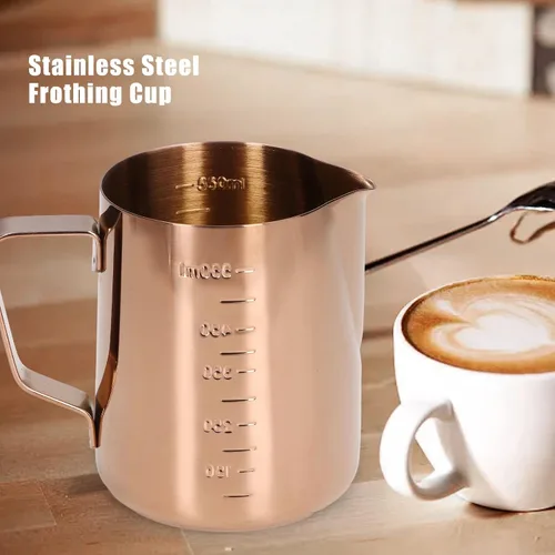 Miniatura 3 de Taza de espuma, jarra de leche de café 550ML con escala Jarra de vapor de acero inoxidable de oro rosa