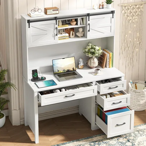 Miniatura 5 de Escritorio ejecutivo de granja de 67 pulgadas de alto con gabinete, mesa de oficina con luz LED y 4 cajones, escritorio para computadora