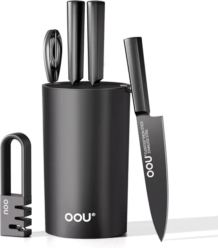 OOU Juego de cuchillos con bloque y afilador, 6 piezas, juego de bloque de cuchillos de cocina de acero alemán de alto carbono con soporte universal