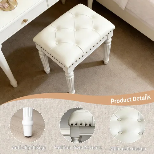 Miniatura 5 de Taburete de tocador con cojín de piel sintética blanca, pequeño asiento de cuero sintético con ribete de cabeza de clavo y diseño copetudo, patas