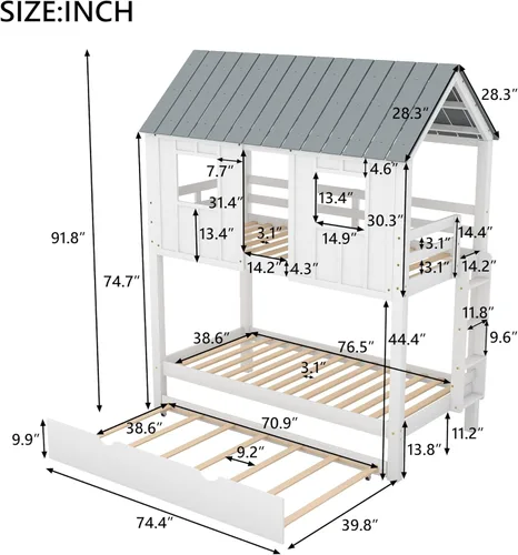 Miniatura 2 de JIVOIT Litera de madera con diseño de techo y ventanas, litera individual sobre individual con nido y escalera integrada para niños, adolescentes