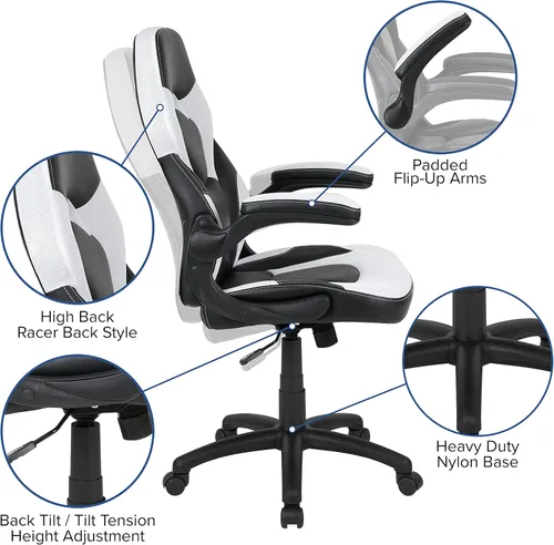 Miniatura 3 de Flash Furniture Juego de escritorio para juegos negro y silla de carreras blanco/negro con soporte para tazas, gancho para auriculares y soporte