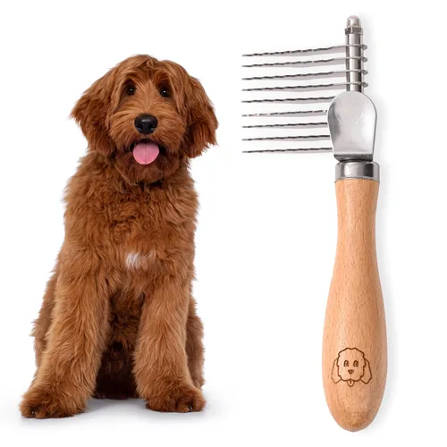 Miniatura 11 de Peine de desenredar para mascotas para perros y gatos con mango de madera, rastrillo de subpelo para perros con cuchillas de acero inoxidable, peine
