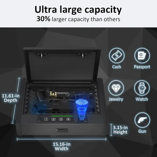 Miniatura 3 de [30% Mayor capacidad] Caja fuerte para pistolas, Caja fuerte biométrica para pistola, Caja fuerte para pistola montada, Caja fuerte de seguridad