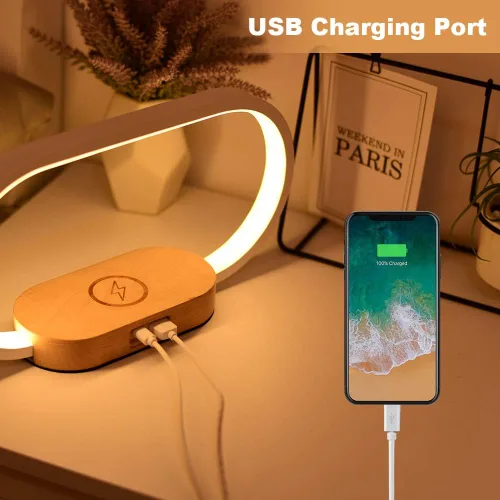 Miniatura 3 de Donewin Lámpara de noche de carga inalámbrica con puerto de carga USB, luz de mesa de noche de madera de alta calidad para dormitorio, lámpara