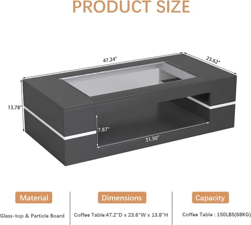 Miniatura 2 de HedoAjim Mesa de centro moderna y elegante de 47.2 pulgadas con parte superior de cristal, mesa grande para sala de estar, mesas centrales