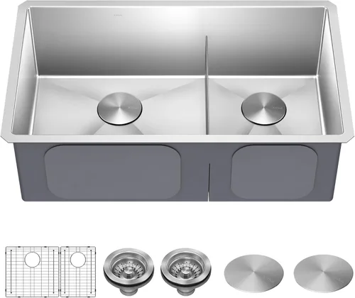 Kraus Fregaderos de cocina de montaje inferior, fregadero de cocina de acero inoxidable de 32 pulgadas, cuenco doble 60/40, calibre 16, modelo