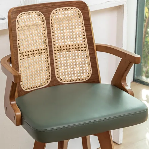Miniatura 8 de Juego de 2 Taburetes de Mostrador - Taburetes Giratorios de 27 Pulgadas con Respaldo de Ratán, Brazos Curvos, Asiento Tapizado, Patas de Bambú Nogal