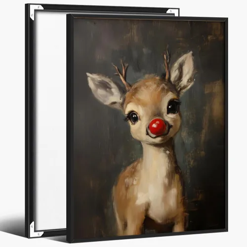 Vintage Christmas Wall Art, Cute Winter Rudolph Red Nose Reindeer Wall Decor Painting, Retro 90S Classic Christmas Canvas Print Pictures for
