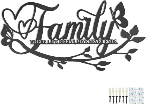 AUHOKY Family Where Life Begins Love Never Ends - Letrero de metal para pared, 27 x 14 pulgadas, gran placa de hierro negro para pared, decoración