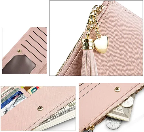 Miniatura 5 de SUMGOGO Cartera delgada para mujer con borla larga con cremallera y embrague monedero bolso tarjetero (rosa)