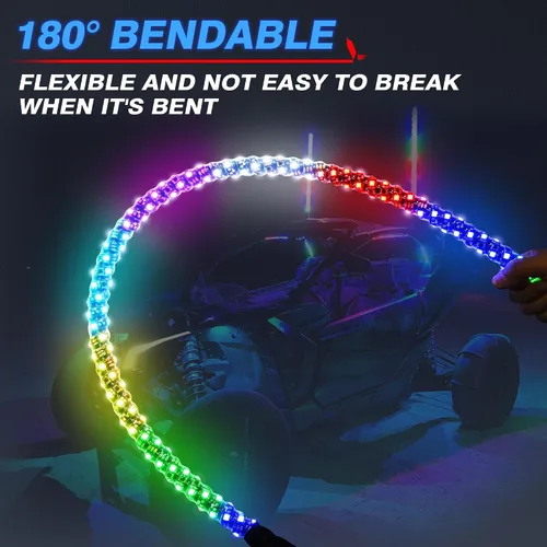 Miniatura 3 de MICTUNING 2PCS Luces LED Whip W1 de 3 pies con bandera y base de resorte, luces whip de persecución en espiral RGB+IC con APP, sincronización