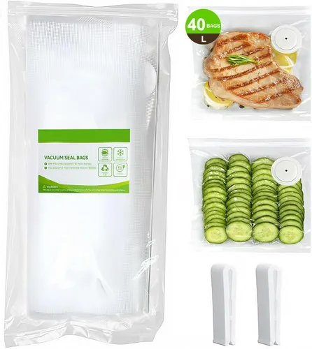 Sellador al Vacío para Alimentos y Bolsa de Sellado al Vacío Grande (11.8×13.4in), 40 Bolsas de Sellado al Vacío Reutilizables y 2 Clips de Sellado