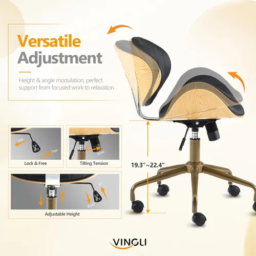 Miniatura 3 de VINGLI Silla giratoria de oficina en casa amplia y cómoda con carcasa curvada de grano de madera, silla de escritorio ergonómica acolchada sin negro