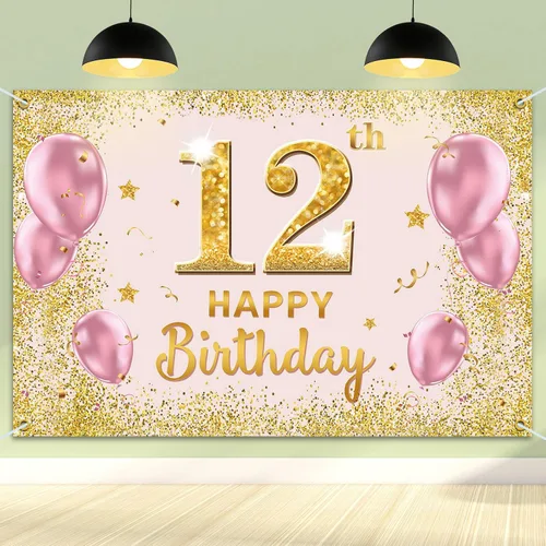 Cartel de fondo de feliz cumpleaños número 12, suministros de decoración de fiesta de cumpleaños de 12 para niñas, color dorado y rosa, 3.9 x 5.9
