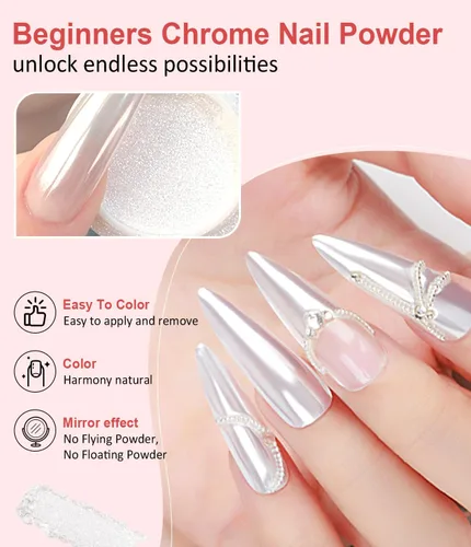 Miniatura 3 de Polvo para Uñas Cromado BISHENGYF -【Efecto de Hadas】Polvo Cromado Dorado para Uñas Aurora Sirena Perla Blanca Rosa Cromado para Uñas, Pigmento