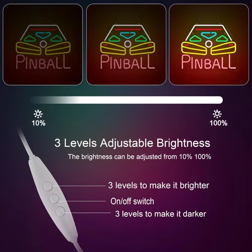 Miniatura 2 de Roouneon Pinball - Letrero de neón para decoración de pared con interruptor regulable, luz LED de neón