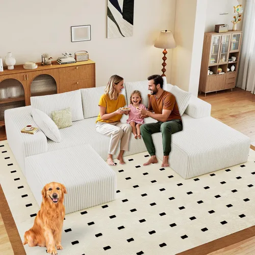 Miniatura 47 de Sofá modular de 95 pulgadas con otomana, moderno sofá nube de pana con asiento profundo, sofá sin hueso tapizado de 3 plazas en forma de U para sala