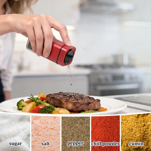 Miniatura 6 de Saleros y pimienteros rojos de Aelga, juego de salero de vidrio con agujeros ajustables para servir, ideal para pimienta negra, kosher y del Himalaya
