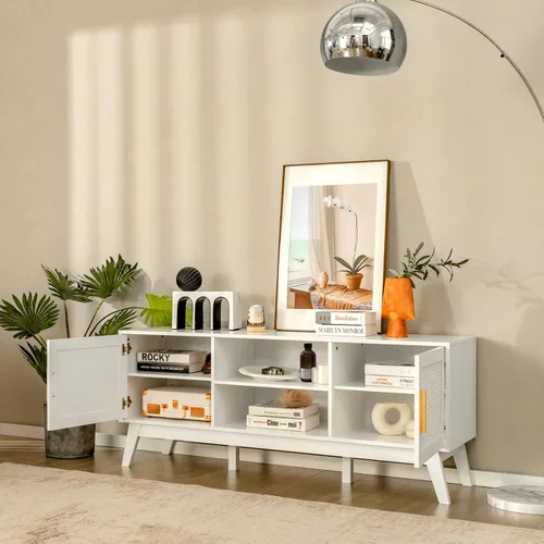 Miniatura 3 de Tangkula Soporte de TV de ratán para televisores de hasta 65 pulgadas, mesa consola de TV multimedia con estante ajustable, gabinetes de 2 puertas