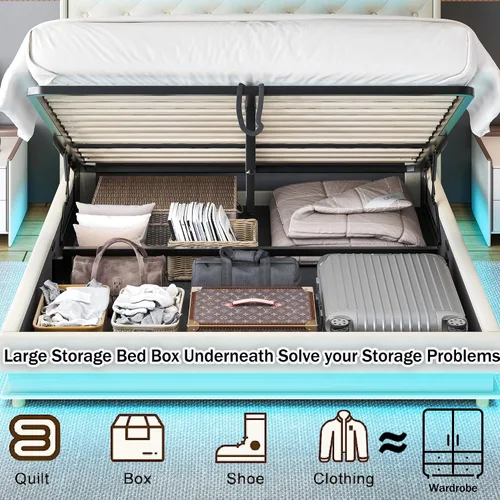 Miniatura 7 de Ailisite Cama de almacenamiento elevable de tamaño matrimonial, cama de plataforma tapizada con cabecera de almacenamiento con botones capitoné