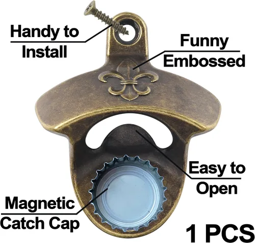 Miniatura 2 de Abrebotellas magnético vintage montado en la pared Fleur De Lis Beer Cap Abridor con imanes Montable Bronce Antiguo