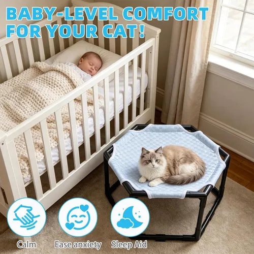 Miniatura 4 de Cama hamaca elevada para gatos, cuna hexagonal elevada para gatos con tela transpirable de gorro de hielo y bloque antideslizante, alfombrilla