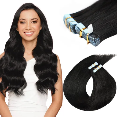Miniatura 11 de Extensiones de cabello humano adhesivas de 16 pulgadas, extensiones de cabello humano lacio invisible para mujeres, 20 unidades por 1.76 oz