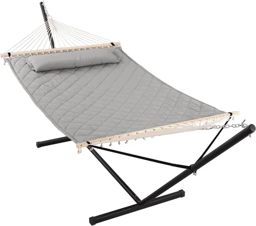 Miniatura 11 de ANOW Hamaca doble con combo de soporte de acero resistente de 12 pies, hamaca acolchada para 2 personas con soporte para exterior, capacidad