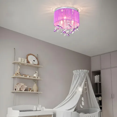 Miniatura 3 de LaLuLa Candelabro de cristal morado para dormitorio de niñas, lámpara de techo E12 de 3 luces, pantalla de cuerda de algodón hecha a mano, elegante