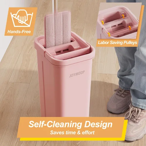 Miniatura 2 de JOYMOOP Juego de trapeador y cubeta rosa con escurridor para el hogar, con 3 almohadillas de microfibra reutilizables, sistema de autolimpieza sin
