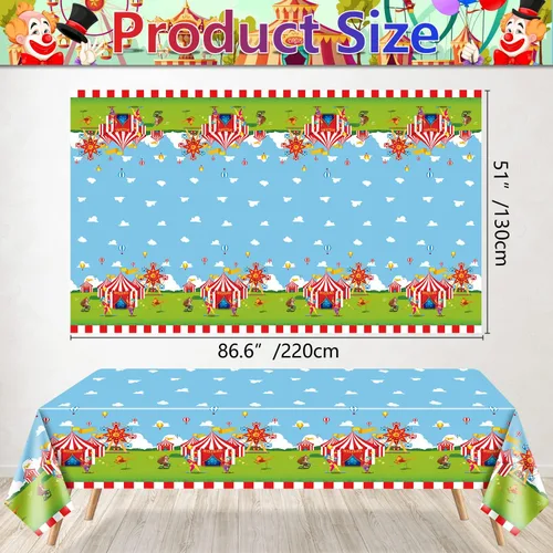 Miniatura 2 de Paquete de 4 manteles con temática de circo, 51 x 87 pulgadas, mantel rectangular desechable de plástico para carnaval, mantel a rayas rojas