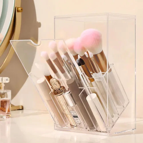 LOHRYVIO Soporte acrílico para brochas de maquillaje con tapa abatible inclinada, organizador de brochas de maquillaje transparente a prueba de
