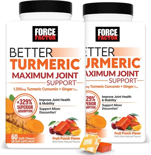 Miniatura 15 de FORCE FACTOR Mejor suplemento de cúrcuma 400mg con pimienta negra y jengibre, apoyo articular de fuerza extra, absorción superior, como gomitas
