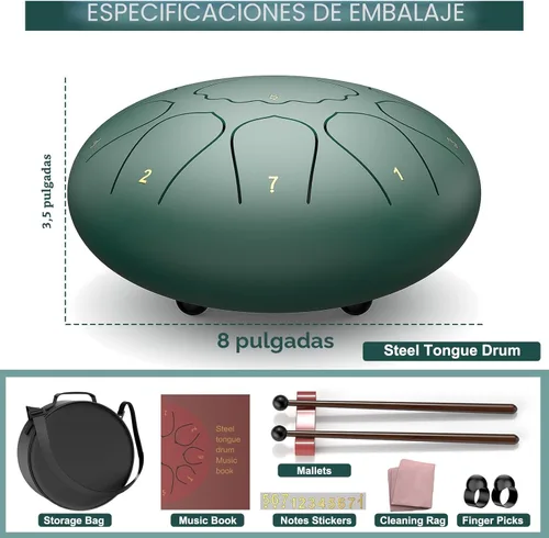 Miniatura 5 de Tambor de lluvia para jardín exterior, tambor de lengua de acero de 8 pulgadas, 11 notas, campanilla de lluvia de meditación impermeable, Verde