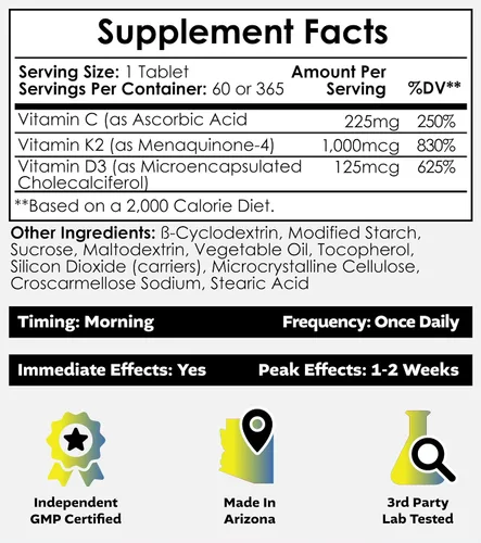 Miniatura 2 de Nootropics Depot Vitamina D3 + K2 con tabletas de vitamina C 60 unidades Colecalciferol + Menaquinona-4 (MK-4) Salud del estado de ánimo