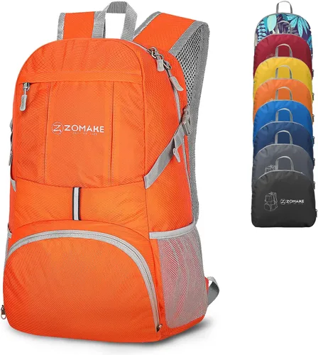 ZOMAKE Mochila Empacable Ligera de 35L, Mochilas Plegables Ligeras Resistentes al Agua Bolsa de Senderismo Plegable, Paquete de Día Plegable Naranja
