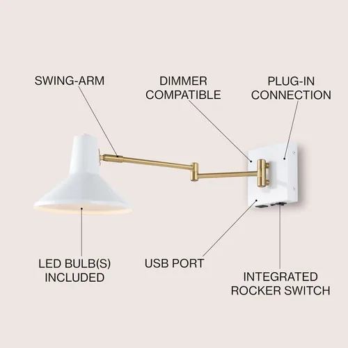Miniatura 3 de JONATHAN Y JYL1302A - Lámpara moderna de brazo oscilante de 16 pulgadas color blanco/latón dorado con puerto USB, lámpara de noche LED de mediados
