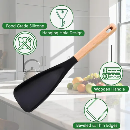 Miniatura 6 de 2 cucharas de cocina para utensilios de cocina antiadherentes, cuchara de cedro y ceniza, para mezclar, recoger y raspar, servir silicona mate
