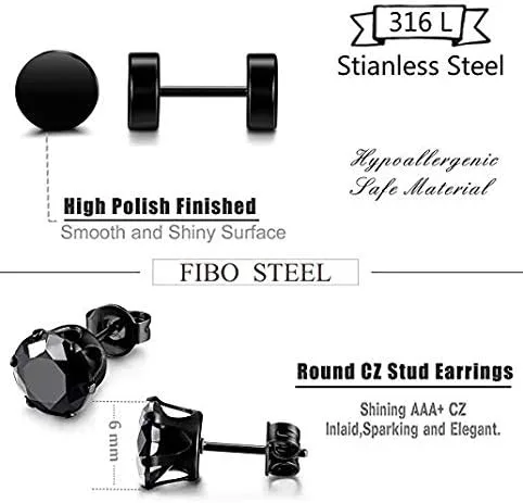 Miniatura 4 de FIBO STEEL 10 pares de aretes de acero inoxidable para hombres y mujeres piercings de oreja de túnel de oreja con incrustaciones de circonita cúbica