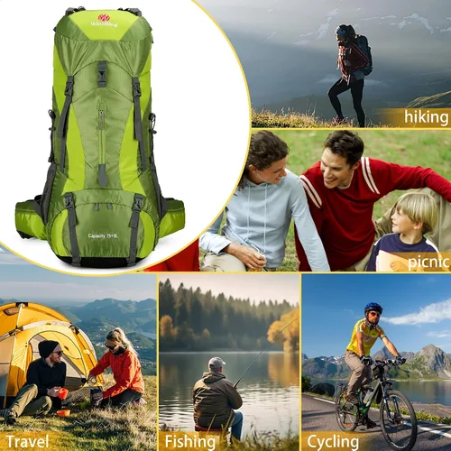 Miniatura 7 de Mochila de senderismo para hombres y mujeres, 70L+5L, impermeable, ligera, mochila de camping con cubierta de lluvia para viajes al aire libre Verde