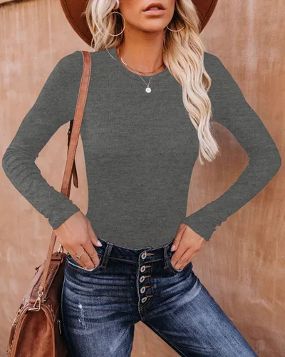 Miniatura 2 de REVETRO Camisetas de cuello redondo para mujer, manga larga, ajustadas, para invierno, básicas