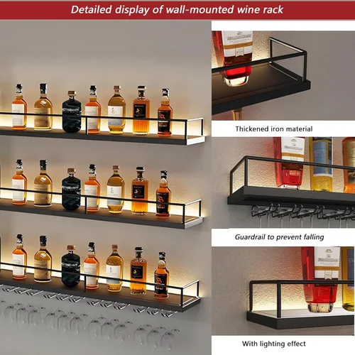 Miniatura 4 de Estante de metal para vino montado en la pared con luces LED, estantes flotantes de bar de 3 niveles con estante para copas de vino, estante grande