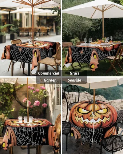 Miniatura 5 de Manteles de Halloween para exteriores con agujero para paraguas y cremallera, diseño de fantasma, acuarela de terror, fantasma, impermeable