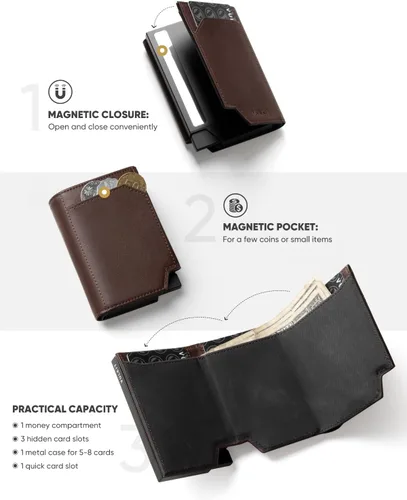 Miniatura 3 de VULKIT Tarjetero de crédito con bolsillo para monedas, cierre magnético, cartera para tarjetas emergente, bloqueo RFID, funda de piel minimalista