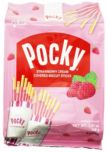 Glico Pocky, palitos de galletas cubiertos de crema de fresa, 9 paquetes individuales, bolsa de 3.81 onzas, caja de exhibición de 5 unidades