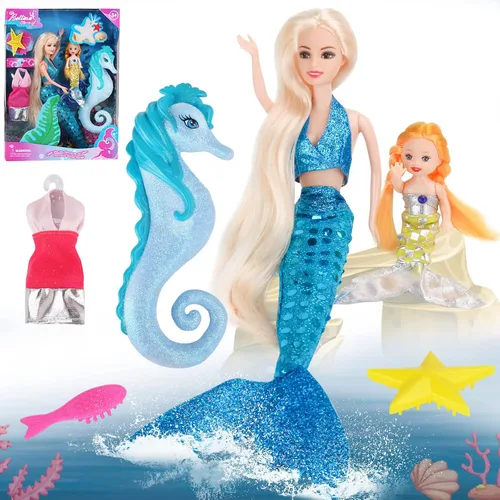 Miniatura 2 de BETTINA Muñeca Princesa Sirena con Muñeca Sirena Pequeña y Set de Juego de Caballito de Mar Regalos de Sirena para Niñas Juguetes de Sirena